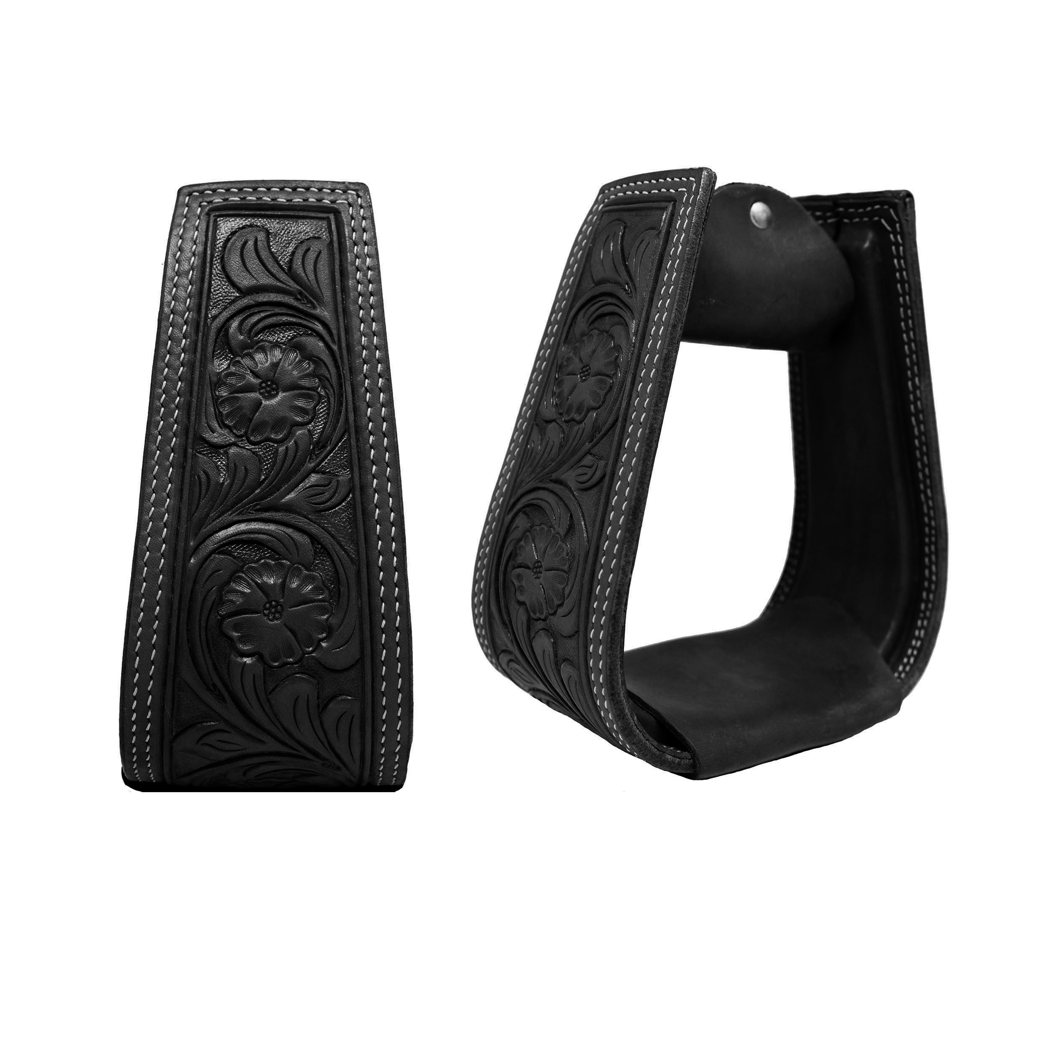 Western Horse Saddle Stirrups Tack Floral Tooled Leather Covered Pair