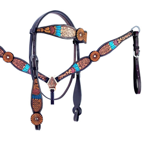 Western Saddle Horse Headstall Breast Collar Reins Tack Set