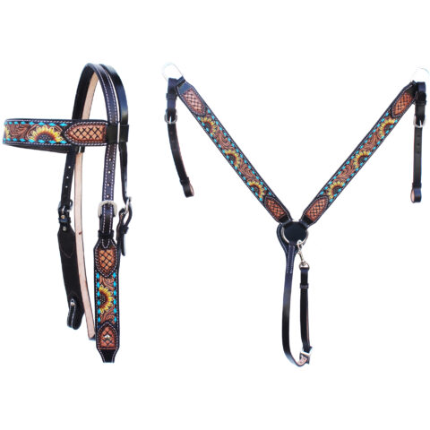 Western Saddle Horse Headstall Breast Collar Reins Tack Set