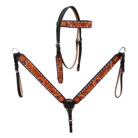 Western Saddle Horse Headstall Breast Collar Reins Tack Set