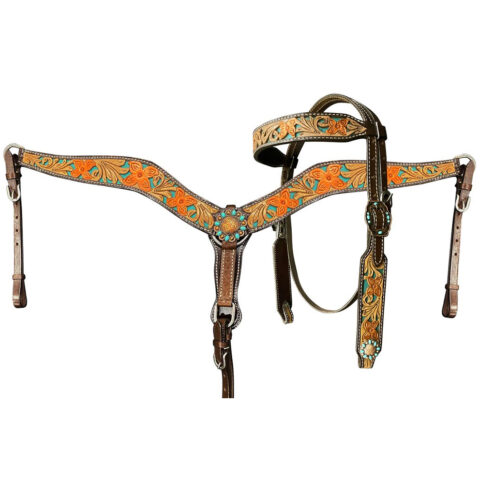 Western Saddle Horse Headstall Breast Collar Reins Tack Set