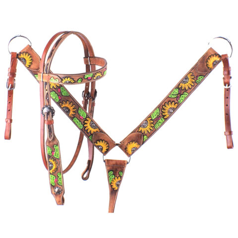 Western Saddle Horse Headstall Breast Collar Reins Tack Set