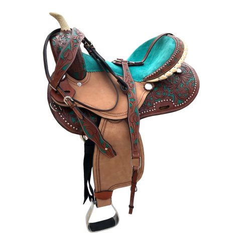 Western Horse Barrel Saddle Leather Tack Set Matching Headstall Breast Collar Reins
