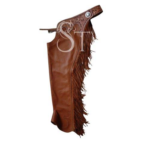 Western Fashion Full Chaps Cowhide Leather Tooled Yoke