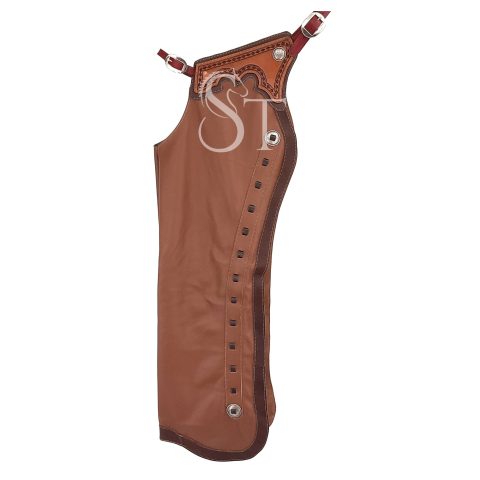 Western Fashion Full Chaps Cowhide Leather Tooled Yoke Tan