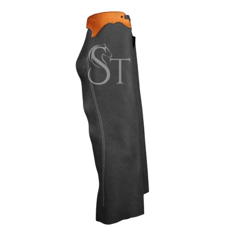 Western Fashion Full Chaps Cowhide Leather Solid Yoke Black