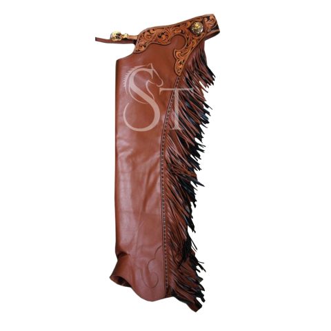 Western Fashion Full Chaps Cowhide Leather Tooled Yoke Brown