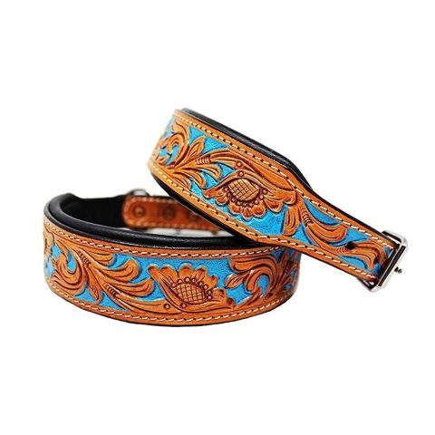 Dog Collar 100% Leather Heavy Duty Padded Hand Tooled