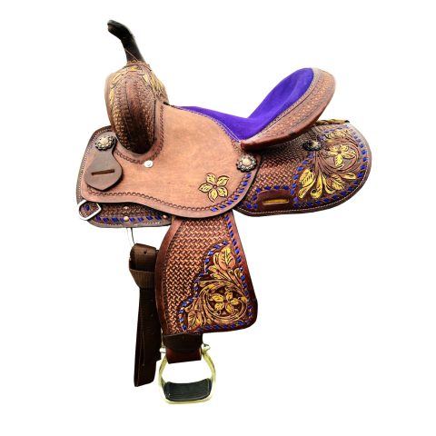 8" Kids Western Miniature Horse Trail Mini Leather Saddle Floral Tooled Tack Set Purple