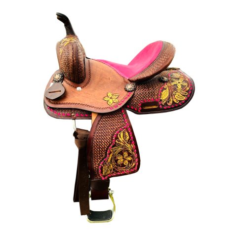 8" Kids Western Miniature Horse Trail Mini Leather Saddle Floral Tooled Tack Set Pink