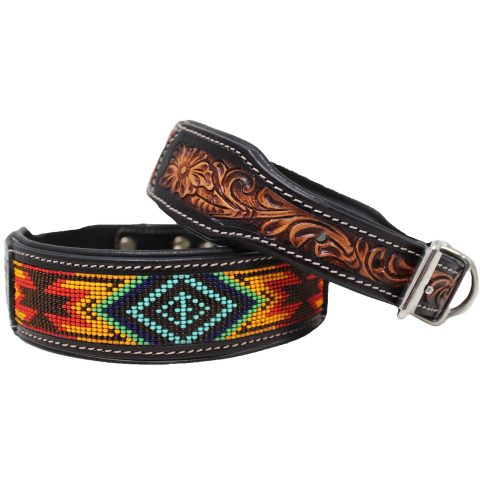 Dog Collar Beaded 100% Leather Heavy Duty Padded Hand Tooled