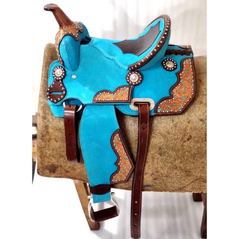 Sazaar Tack Turquoise Western Barrel Horse Saddle Leather Tack Set