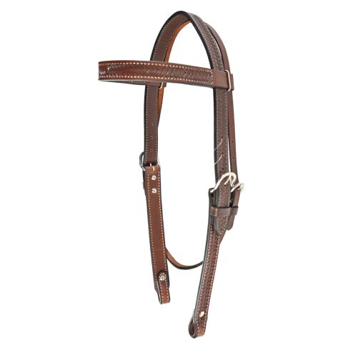 Design: Beautifully hand-stamped browband headstall. Stamping: Features intricate braided stamping for a unique look. Hardware: Basic hardware to complement the craftsmanship. Finish: Finished in hot oil for durability and a classic appearance.
