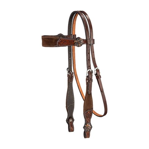 Suede leather Leaf tooling accents Copper conchos Adjustable cheeks Stainless steel hardware