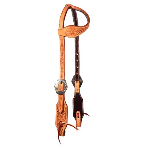 Material: Rough-out leather for a textured and durable finish. Tooling: Hand-tooled floral design for a classic Western look. Finish: Light oil finish for a natural appearance. Construction: Doubled and stitched rough-out leather for durability. Style: Single ear headstall with beveled lace ties.