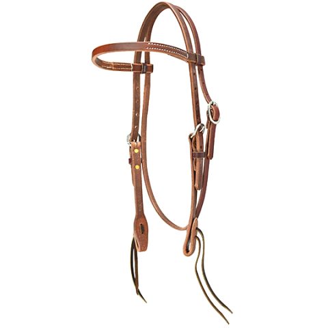 Material: 5/8" Heavy oil harness leather for durability and a classic look. Design: Browband headstall with a throatlatch. Hardware: Stainless steel double buckles for secure adjustment. Bit Ties: Latigo leather bit ties for fastening the bit securely. Finish: Finished with a heavy oil for a traditional appearance and durability.