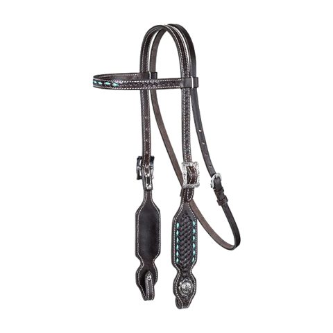 Dark oil leather Basketweave stamping Turquoise buckstitching Antiqued silver conchos Stainless steel hardware Screw bit ends The bright turquoise buckstitching adds the perfect pop of color. Adjustable at throatlatch and both cheeks. Complete with antiqued silver conchos and screw bit ends.