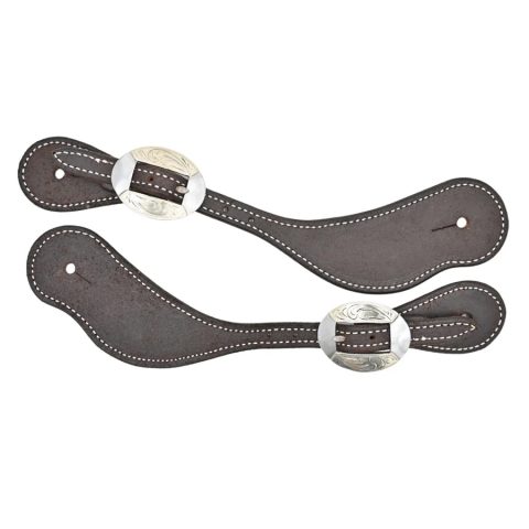 Chocolate roughout Engraved buckles Shortest Hole Measurement: 9.5" Longest Hole Measurement: 11.5" Sold in pairs These Chocolate Roughout Spur Straps with Canyon Buckles are a simple, affordable option for all riders. The engraved buckle on these spur straps adds a touch of elegance and personalization. The buckle is not only stylish but also functional, allowing for easy adjustment and a secure fit.