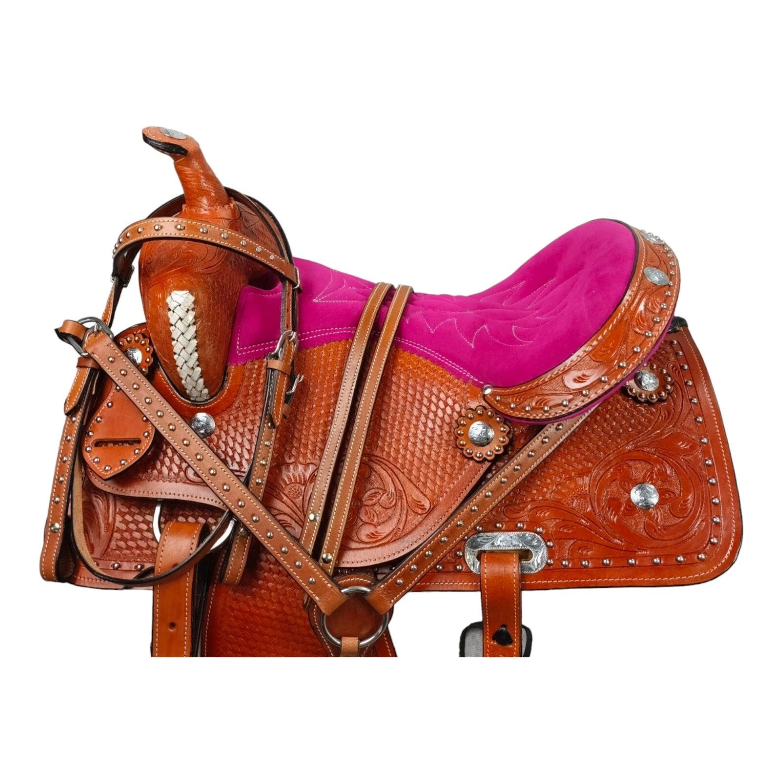 Western Barrel Racing Horse Saddle Pleasure Trail Floral Tooled Leather Rodeo Cowboy Tack Set - Image 3