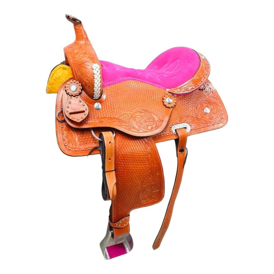 Western Barrel Racing Horse Saddle Pleasure Trail Floral Tooled Leather Rodeo Cowboy Tack Set - Image 4
