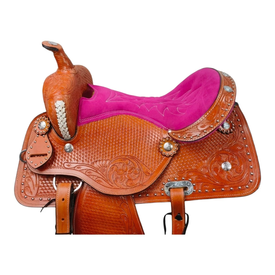 Western Barrel Racing Horse Saddle Pleasure Trail Floral Tooled Leather Rodeo Cowboy Tack Set - Image 5