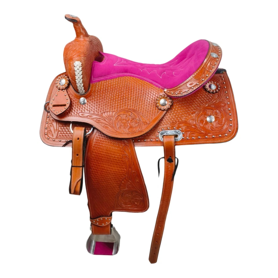 Western Barrel Racing Horse Saddle Pleasure Trail Floral Tooled Leather Rodeo Cowboy Tack Set - Image 7