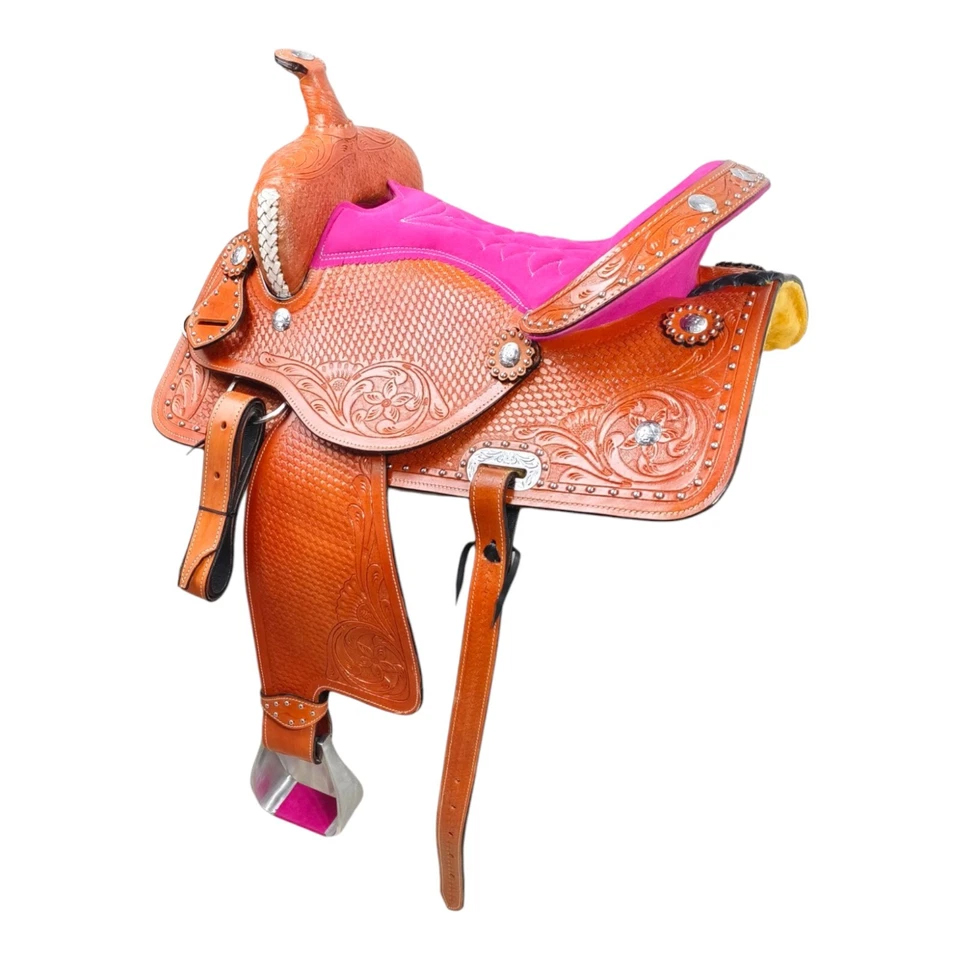 Western Barrel Racing Horse Saddle Pleasure Trail Floral Tooled Leather Rodeo Cowboy Tack Set - Image 8