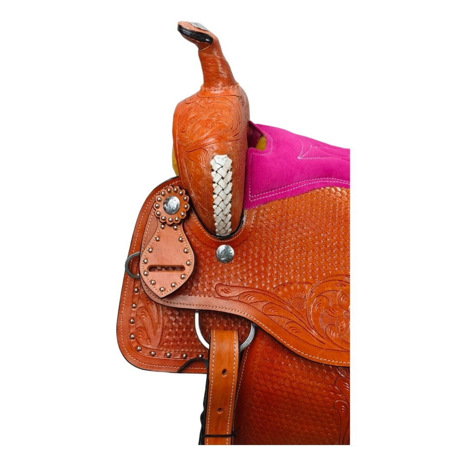 Western Barrel Racing Horse Saddle Pleasure Trail Floral Tooled Leather Rodeo Cowboy Tack Set - Image 10