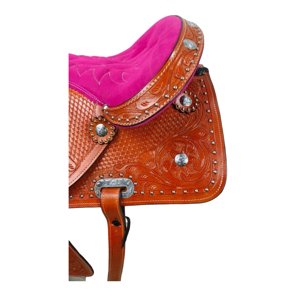 Western Barrel Racing Horse Saddle Pleasure Trail Floral Tooled Leather Rodeo Cowboy Tack Set - Image 11