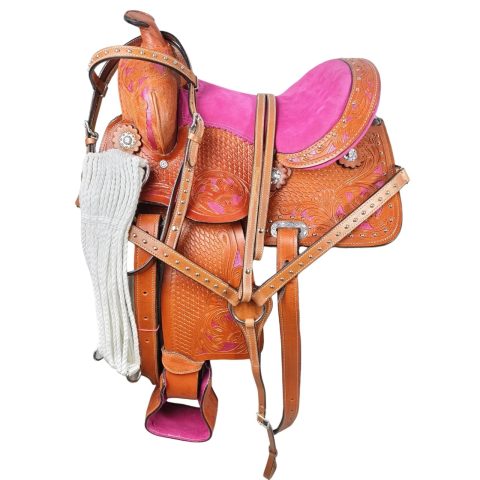 Western Barrel Racing Horse Saddle Pleasure Trail Floral Tooled Leather Rodeo Cowboy Tack Set