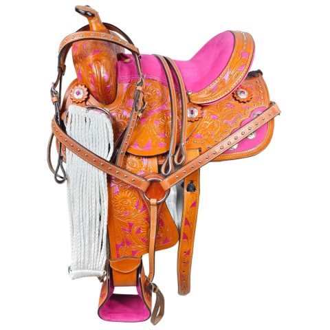 Western Barrel Racing Horse Saddle Pleasure Trail Floral Tooled Leather Rodeo Cowboy Tack Set