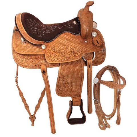 Western Barrel Racing Horse Saddle Pleasure Trail Floral Tooled Leather Rodeo Cowboy Tack Set