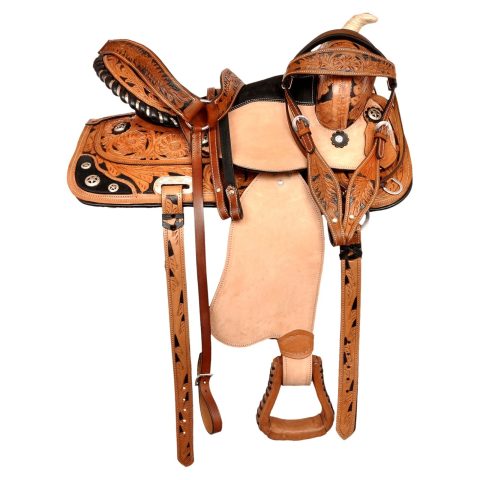 Western Barrel Racing Horse Saddle Pleasure Trail Floral Tooled Leather Rodeo Cowboy Tack Set