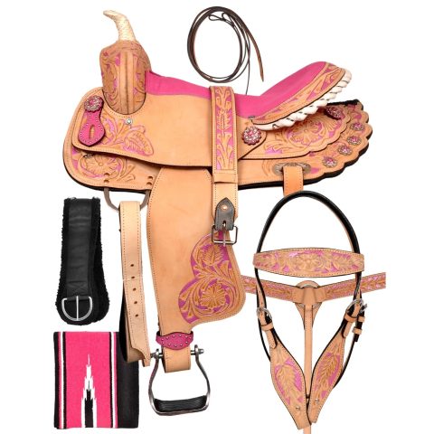 Western Barrel Racing Horse Saddle Pleasure Trail Floral Tooled Leather Rodeo Cowboy Tack Set