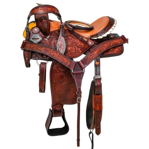 Western Barrel Racing Horse Saddle Pleasure Trail Floral Tooled Leather Rodeo Cowboy Tack Set