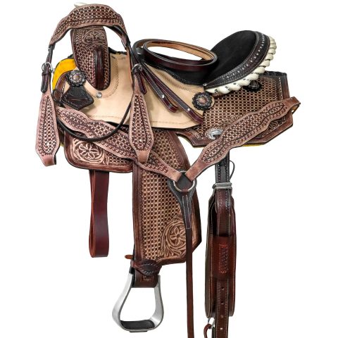 Western Barrel Racing Horse Saddle Pleasure Trail Floral Tooled Leather Rodeo Cowboy Tack Set