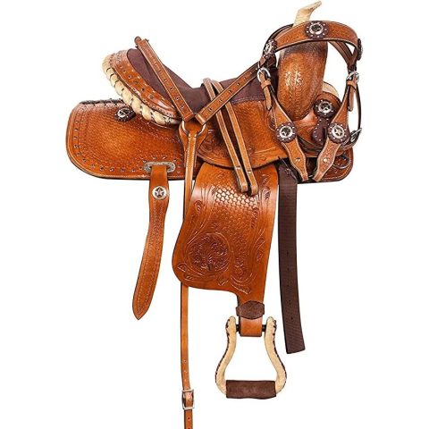 Western Barrel Racing Horse Saddle Pleasure Trail Floral Tooled Leather Rodeo Cowboy Tack Set