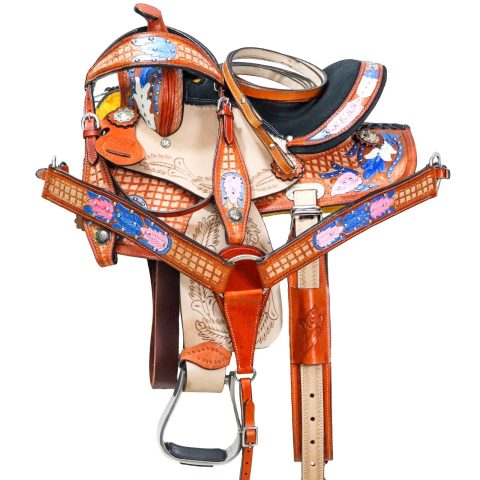 Western Barrel Racing Horse Saddle Pleasure Trail Floral Tooled Leather Rodeo Cowboy Tack Set