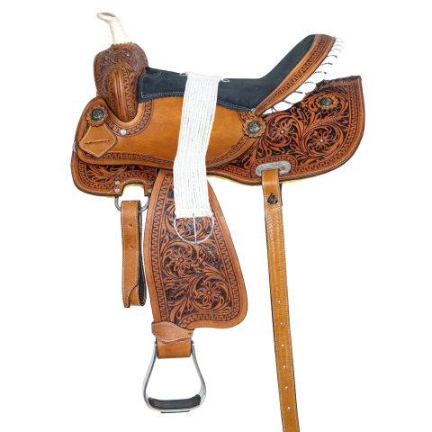 Western Barrel Racing Horse Saddle Pleasure Trail Floral Tooled Leather Rodeo Cowboy Tack Set