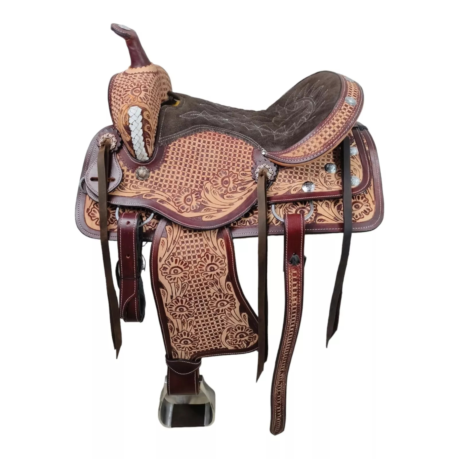 Western Barrel Racing Horse Saddle Pleasure Trail Floral Tooled Leather Rodeo Cowboy Tack Set - Image 2