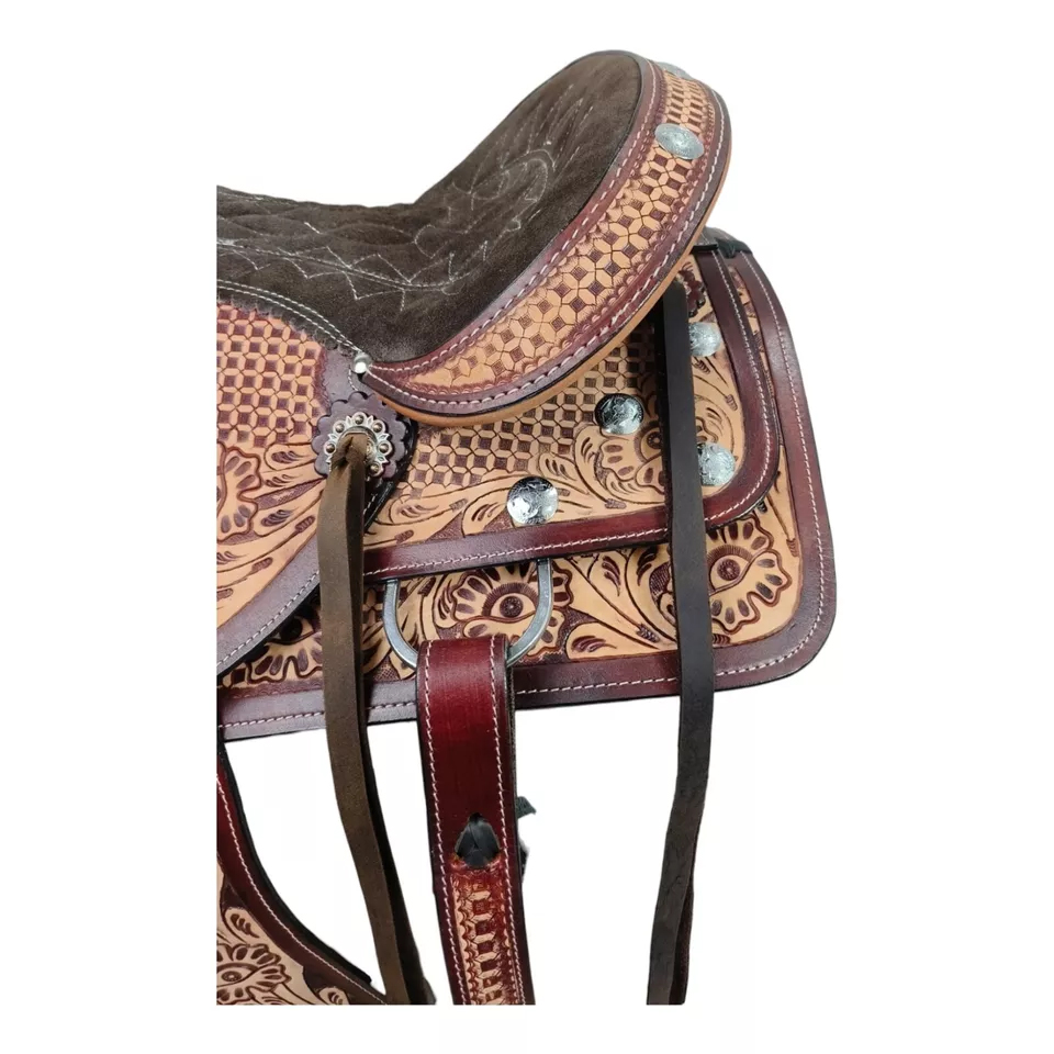 Western Barrel Racing Horse Saddle Pleasure Trail Floral Tooled Leather Rodeo Cowboy Tack Set - Image 4