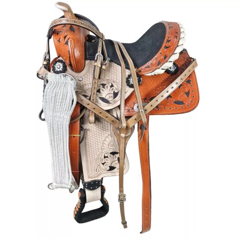 Western Barrel Racing Horse Saddle Pleasure Trail Floral Tooled Leather Rodeo Cowboy Tack Set