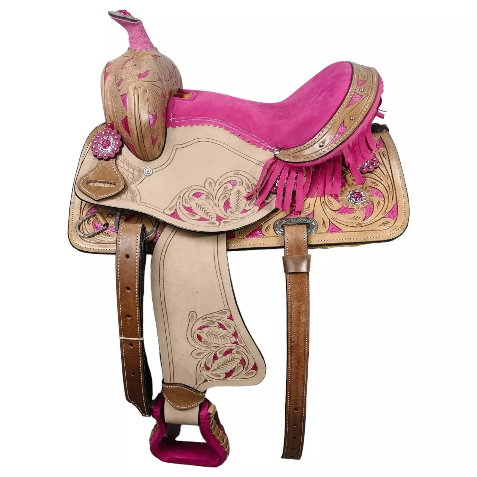 Western Barrel Racing Horse Saddle Pleasure Trail Floral Tooled Leather Rodeo Cowboy Tack Set - Image 2