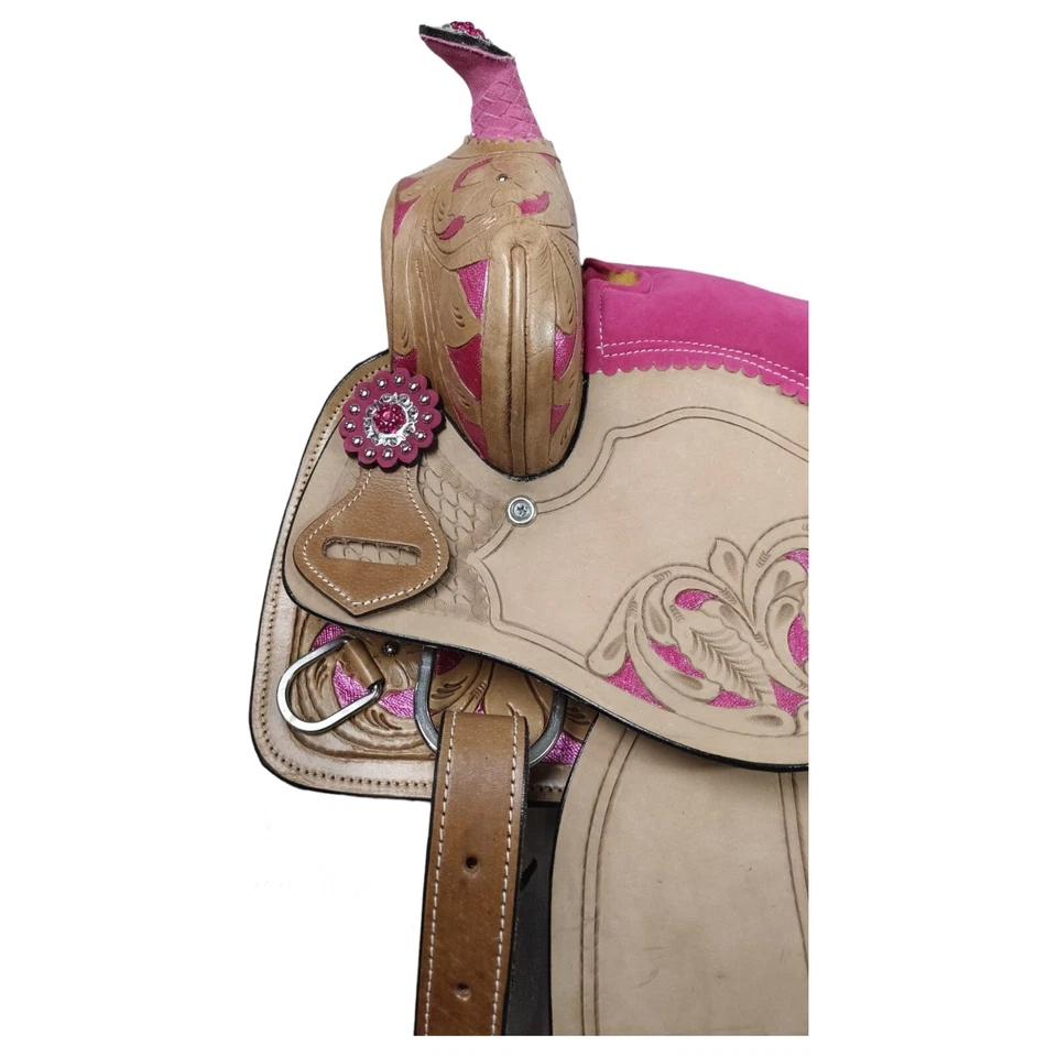 Western Barrel Racing Horse Saddle Pleasure Trail Floral Tooled Leather Rodeo Cowboy Tack Set - Image 3