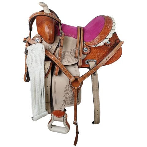 Western Barrel Racing Horse Saddle Pleasure Trail Floral Tooled Leather Rodeo Cowboy Tack Set