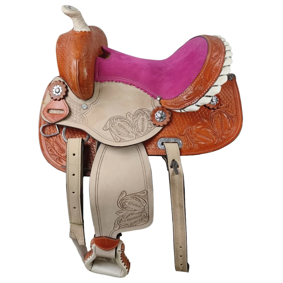 Western Barrel Racing Horse Saddle Pleasure Trail Floral Tooled Leather Rodeo Cowboy Tack Set - Image 2