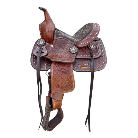 8" Kids Western Miniature Horse Trail Mini Leather Saddle Floral Tooled Tack Set