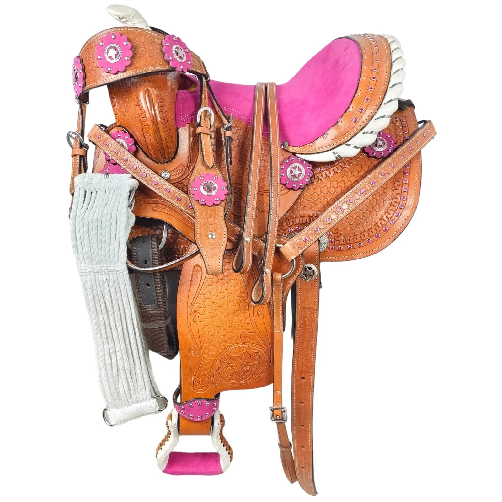 Western Barrel Racing Horse Saddle Pleasure Trail Floral Tooled Leather Rodeo Cowboy Tack Set