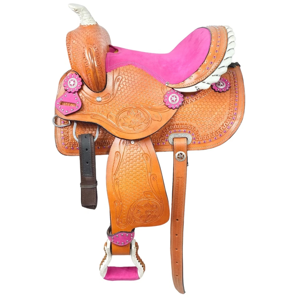 Western Barrel Racing Horse Saddle Pleasure Trail Floral Tooled Leather Rodeo Cowboy Tack Set - Image 2