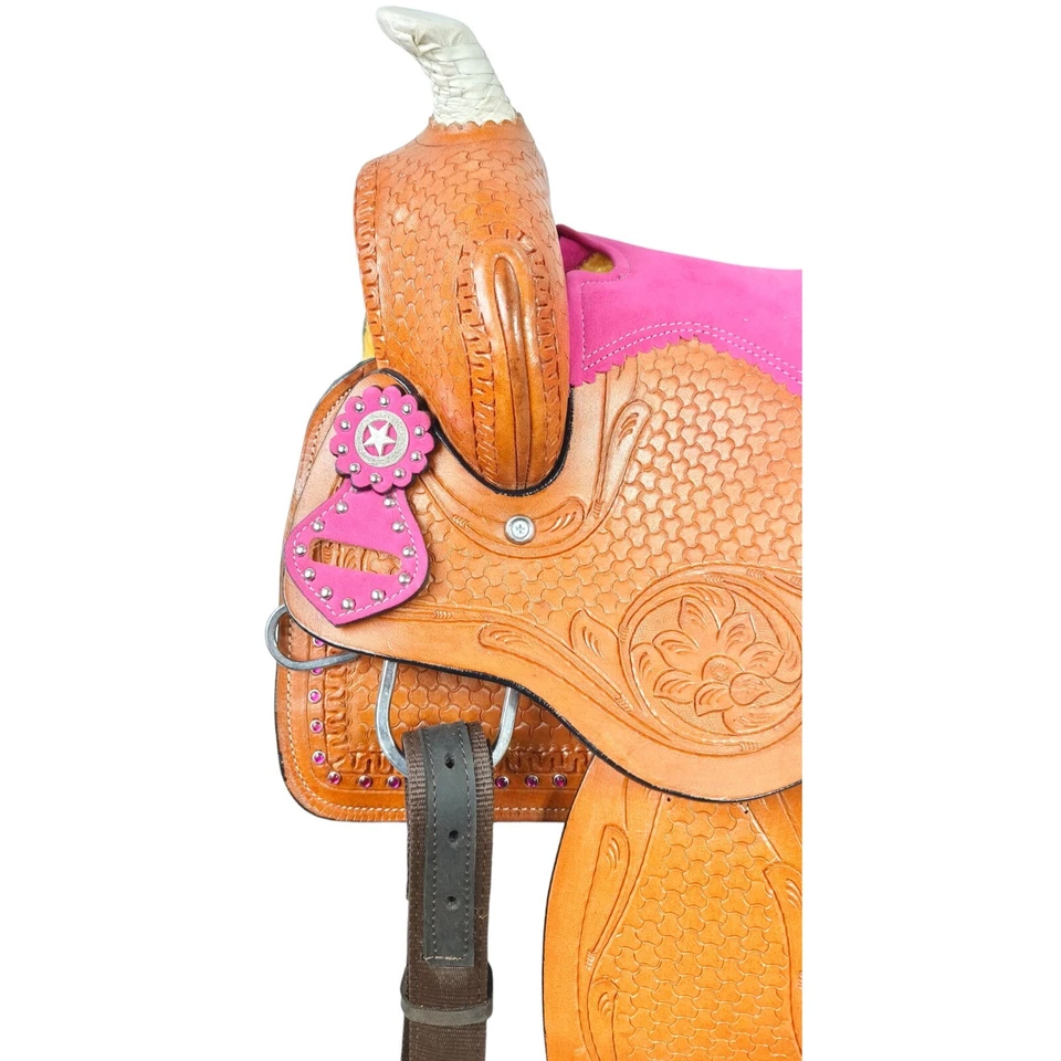 Western Barrel Racing Horse Saddle Pleasure Trail Floral Tooled Leather Rodeo Cowboy Tack Set - Image 3